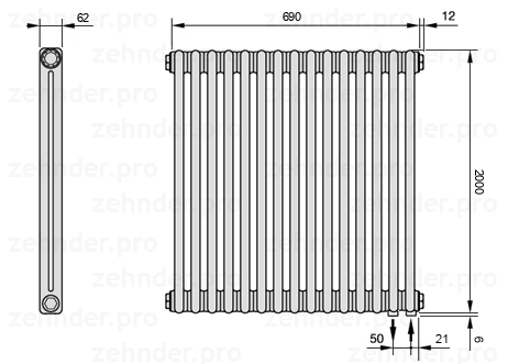Схема (чертеж) Радиатор Zehnder Charleston 2200/15 №5510 Белый глянцевый RAL 9016